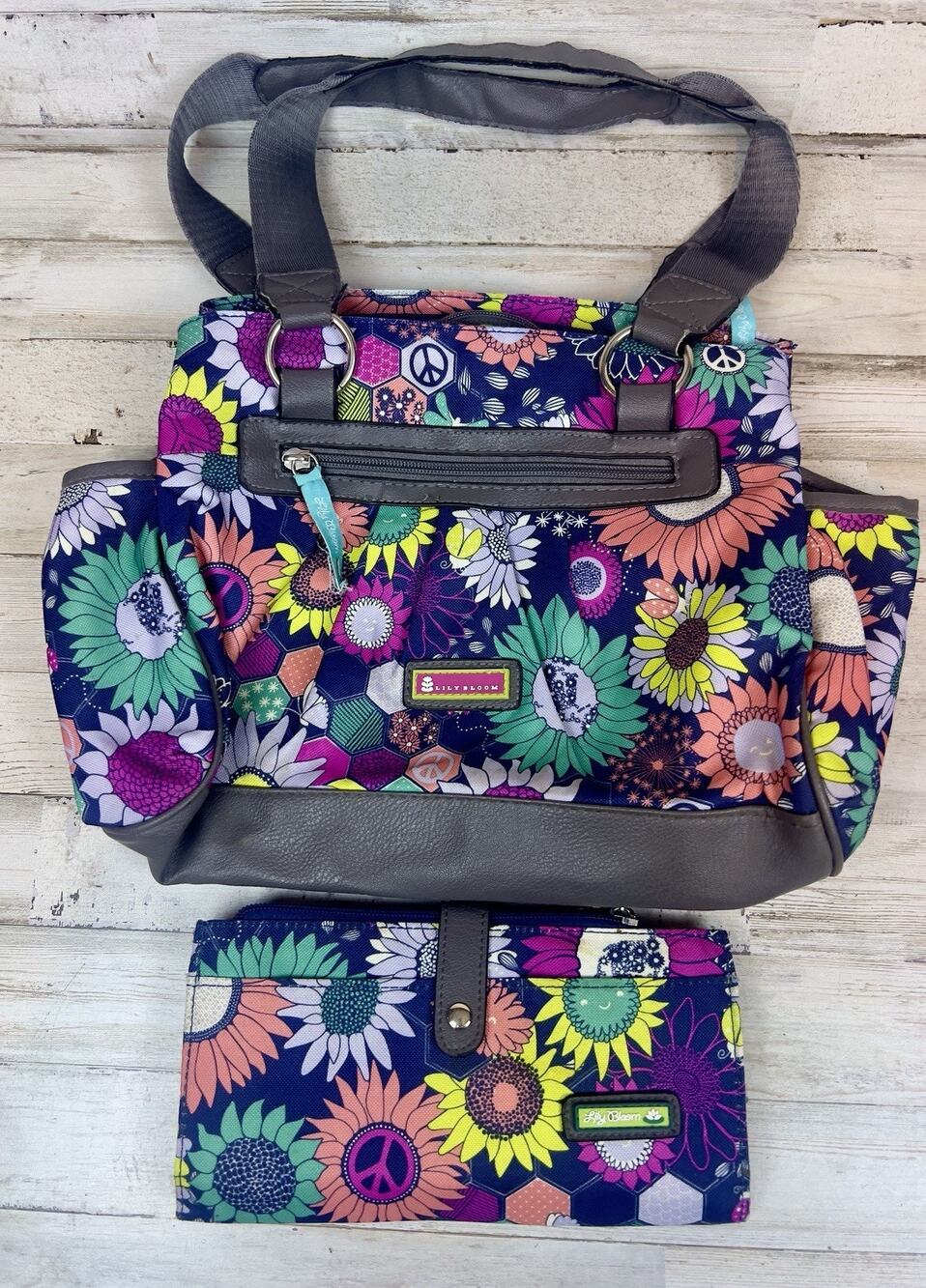Lily Bloom Sunflower Peace Handbag Satchel Shoulder Bag Matching Wallet Set